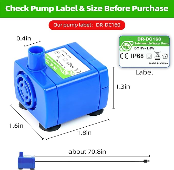 Cat Water Fountain Pump Replacement(No Led & with Brush)， DR-DC 160 | IP68 Submersible Water Motor For Stainless Steel & Ceramic Cat Water Fountain, Ultra Quiet Blue Pet Fountain Pump, Easy Clean