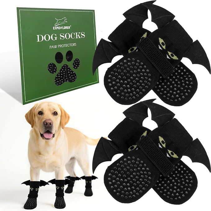 EXPAWLORER Halloween Anti Slip Dog Socks to Prevent Licking Paws, Boots & Paw Protectors with Grippers,Doggie Booties for Hardwood Floors for Small Medium Large Senior Dogs Costume Black Devil Wings L