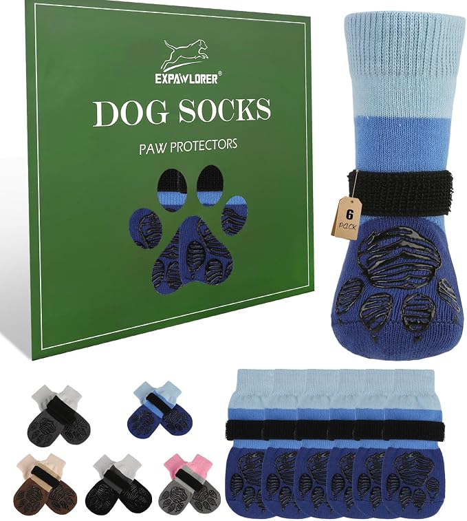 EXPAWLORER Non-Slip Dog Socks for Hardwood Floors to Prevent Licking, Dog Shoes for Hot Pavement Quick Walking, Dog Booties Boots & Paw Protectors with Grippers for Small Medium Large Senior Dogs XS