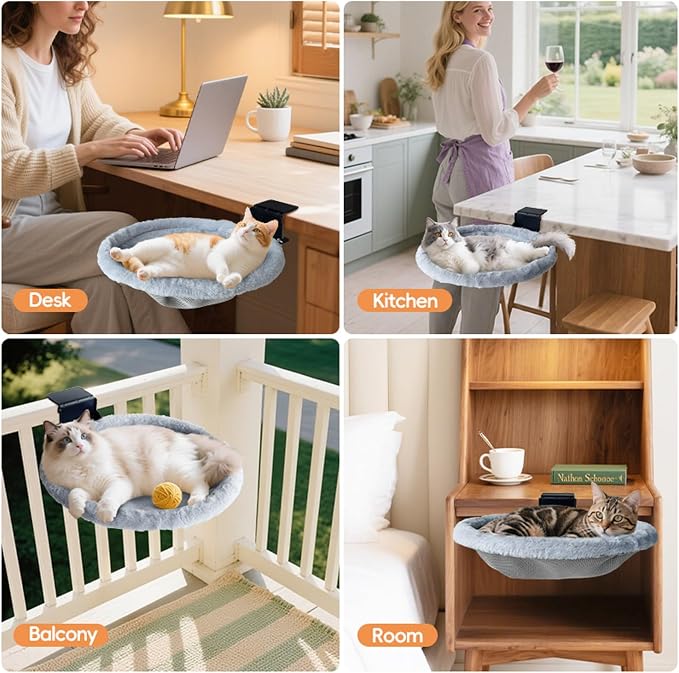 Cat Desk Bed | Supports 50 lb | Desk Mounted Cat Bed Cat Hammock for Desk | Space-Saving Foldable Design Cat Bed for Gaming Desks| removable washable cover | fits a wide range of desk thicknesses