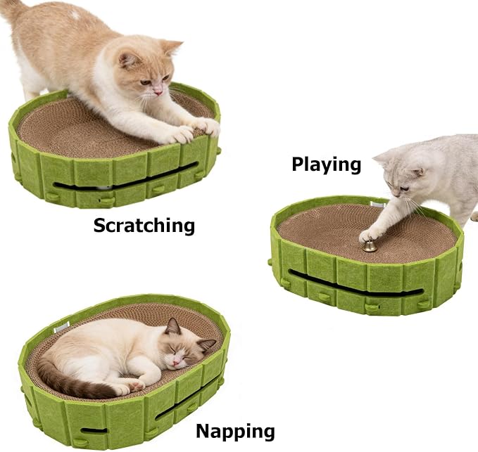 Interactive Cat Scratcher Lounge Bed Heavy Duty Corrugated Cardboard Cat Scratching Pad Bowl with Built-in Track & 2 Bell Balls for Indoor Cats Claw Care and Rest Cat Scratching Bowl，Green