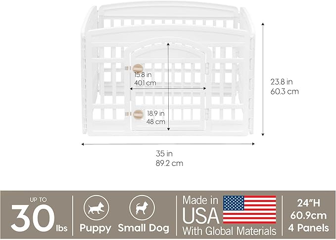 IRIS USA 4-Panel Dog Playpen, Pet Enclosure, White | Puppy Training, Configurable Layout, Multi-Shape Setup, Custom Pen Configuration, Secure Door Latch, Stable Non-Tip Base