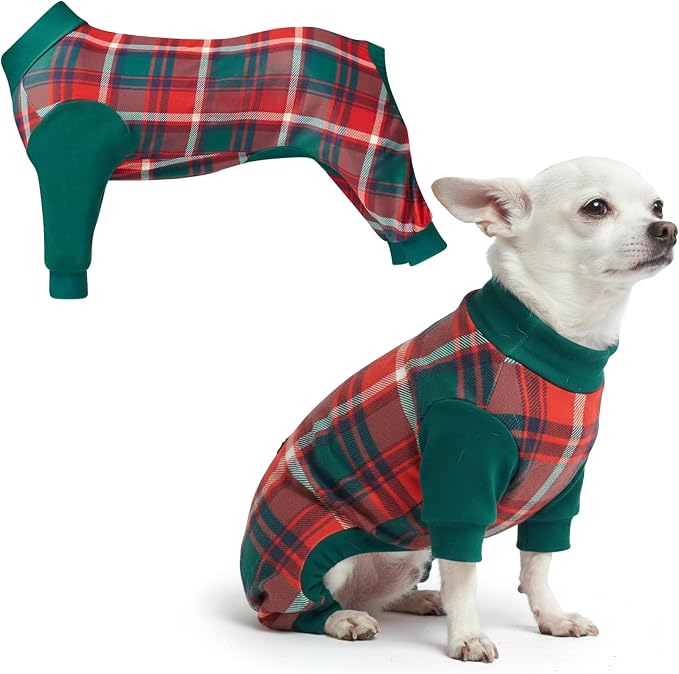 Spark Paws Dog Christmas Pajama, Dog Recovery Suit Male, Onesie, Ultra-Soft and 4-Way Stretch, for Small Medium and Large Breeds - Green and Red Plaid - S