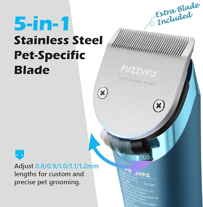 Professional Dog Grooming Clipper with 5-in-1 Replacement Blade | Adjustable Blade Cordless Pet Grooming Kit 2 Speed Trimmer Hair Shaver with Detachable Metal Combs Nova for Animal Horse