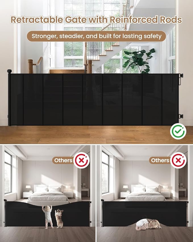 100" Extra Wide Retractable Baby Gate, Extra Long Indoor Pet Gate | 34“ Tall Mesh Dog Gate with 8 Reinforced Rods for Added Stability, for Family Rooms, Open Concept Areas & Play Areas, Black