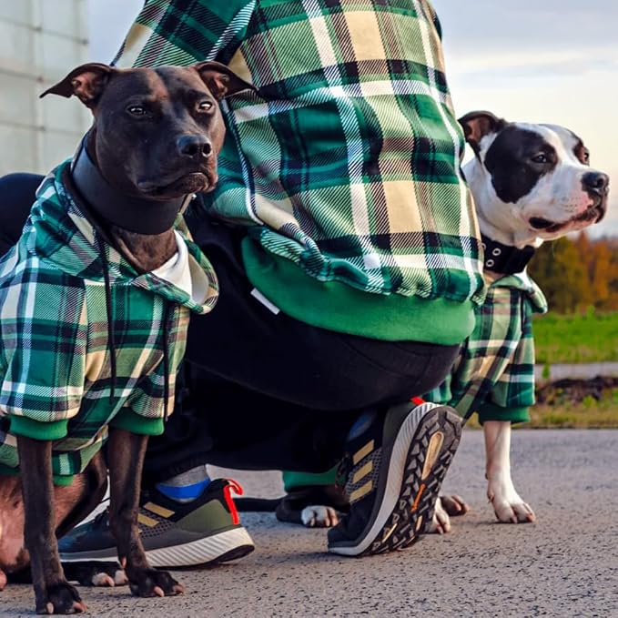 Spark Paws Dog Hoodie – Premium Dog Sweater for Small, Medium, and Large Dogs | Warm Outfits for French Bulldogs, Pitbull, Puppy, Winter Jacket Alternative - Green Plaid - 5XL