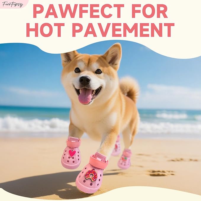 Dog Shoes,Non-Slip Waterproof Sandals for Hot Pavement, Breathable Perforated Boots,Adjustable Straps Dog Rain Booties for Summer Beach and Rainy Day(Pink,#7)