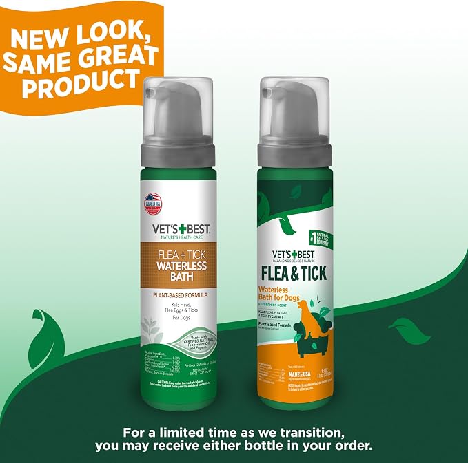 Vet's Best Waterless Flea & Tick Bath for Dogs, Plant-Based, 8 oz | No-Rinse Flea & Tick Bath, Plant-Based Formula, Essential Oils, Helps Control Fleas & Ticks, Made in USA