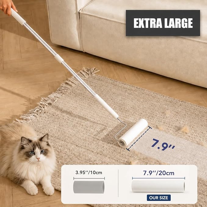 7.9'' Large Lint Roller for Pet Hair Extra Sticky, Extendable Handle | Storage stand included with 4 refills 360 sticky sheets for couches, carpets, beds, clothes, and furniture