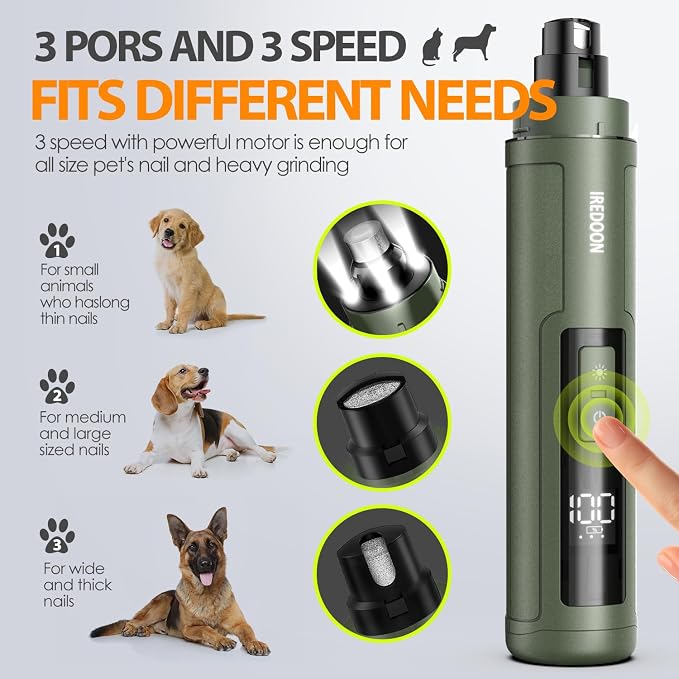 Dog Nail Grinder with 4 LED Lights, 3 Speeds Super Quiet for Pets | Low Vibration,Electric Pet Nail Grinder, Professional Painless Paw Grooming & Smoothing for Small to Large Dogs Cats(Green)