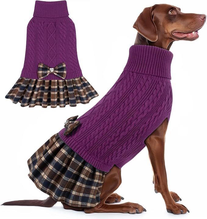 KYEESE Dog Sweater Dress Turtleneck Thick Knit Pullover for Cold Weather | Stretchy Fit, Lightweight & Warm, Cozy Knit Comfort, Cute Bow Accent, Gentle on Sensitive Skin, Comfortable Daily Wear