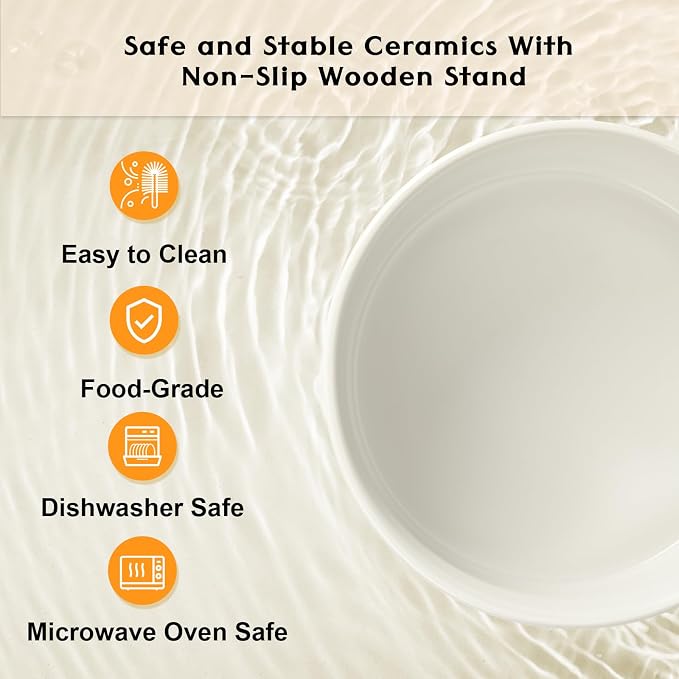 SPUNKYJUNKY Ceramic Elevated Dog Bowls 2 Pack - 6.1inch Raised Dog Bowls with Non-Slip Wooden Stand for Medium Dogs Dishwasher Safe(White,28.7OZ*2)