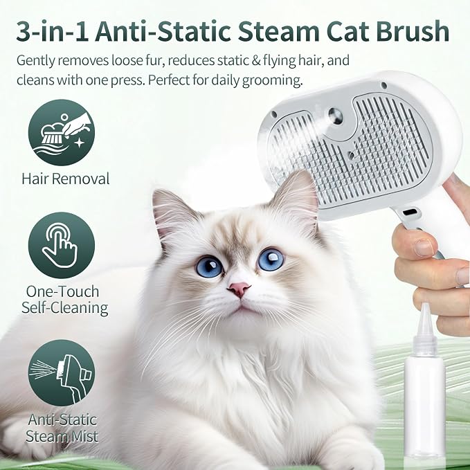 3-in-1 Self-Cleaning Shedding Steam Brush for Dogs & Cats | USB Rechargeable, One-Touch Fur Remover, Anti-Static & Reduces Shedding, Mist Spray Comb for Long & Short-Haired Pets