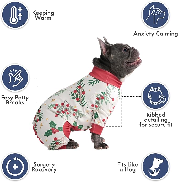 Spark Paws Dog Christmas Pajama, Dog Recovery Suit Male, Onesie, Ultra-Soft and 4-Way Stretch, for Small Medium and Large Breeds - Mistletoe - M
