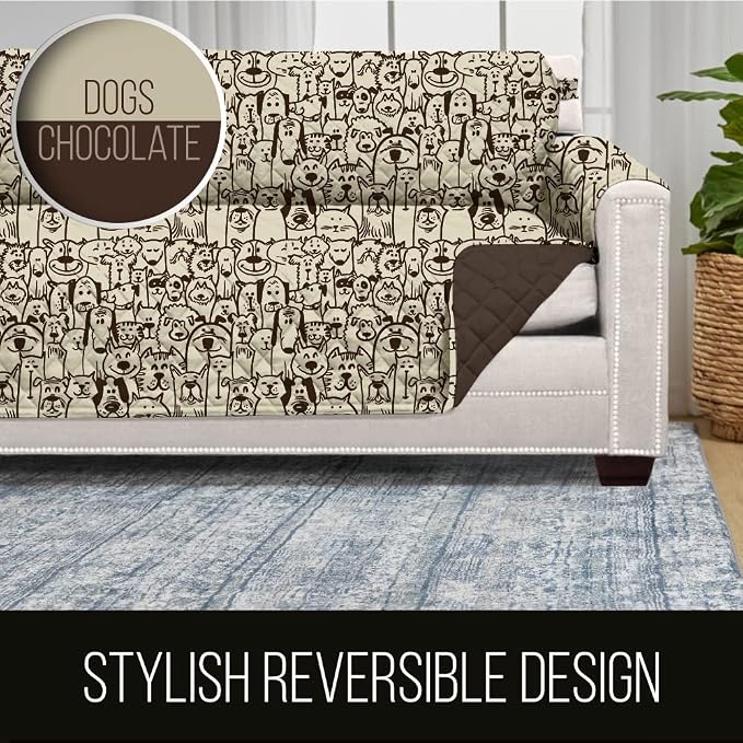 Sofa Shield® Couch Slip Covers for Dogs, Reversible Furniture Protector with Strap, Stain and Tear Resistant Cushion Cover, 62 inch Seat, Machine Washable Slipcover Dog Pets Cats, Dogs