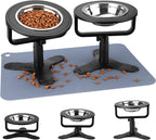 Elevated Cat Bowl with Silicone Food Mat, 3 Height Adjustable, 15° Tilted Cat Bowls Stand with Stainless Steel Bowl for Indoor Cats & Kittens (2 Pack with Mat)，Black