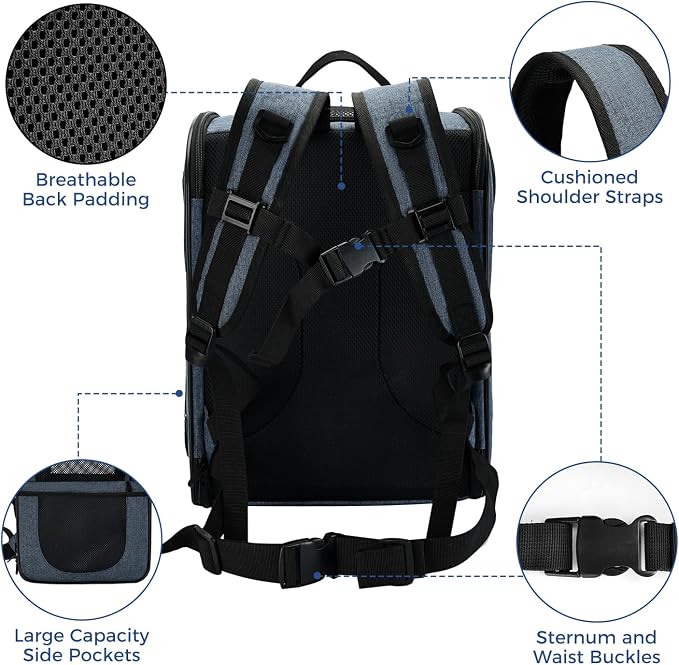 Apollo Walker Dog & Cat Carrier Backpack for 4-18lb Pets - Ventilated Safe Design with Padded Back Support, Breathable Mesh Pet Backpack for Hiking, Travel, Outdoor (Navy)