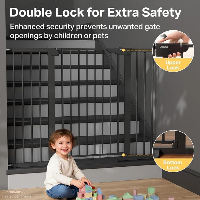 Cumbor 36 in Extra Tall Baby Gate for Stairs, 29.7-51.5 in Dog Gate Black | Mom's Choice Awards Winner, Auto Close and Double Lock Child Gate for Toddlers & Pets, Pressure or Hardware Mounted