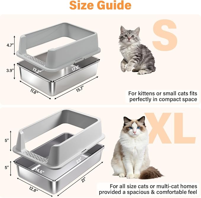 Stainless Steel Cat Litter Box for Kittens, Low Entry Kitten Litter Box | Small Metal Litter Box, Includes Scoop and Mat, High Sided, Non-Sticky, Anti-Urine Leakage, Easy Cleaning