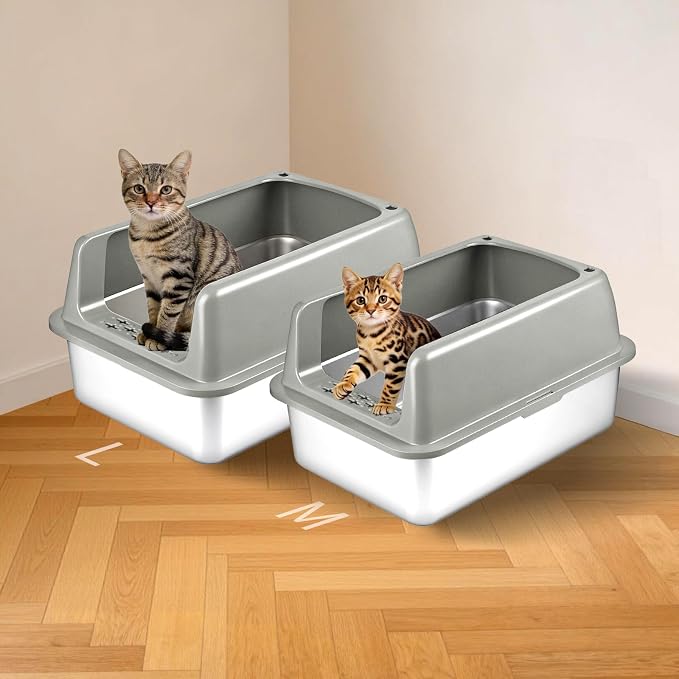 Kirecoo 2 Pack Large Semi-Enclosed Stainless Steel Cat Litter Box with Lid | Scoop Included, Sturdy Metal Box, Anti-Leakage, Odor Free, Easy to Clean, For Big Cats & Kittens, Multi-Cat Friendly
