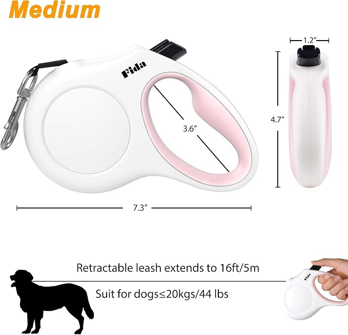 Fida Retractable Dog Leash with Dispenser and Poop Bags, 16 ft Pet Walking Leash for Medium Dog or Cat up to 44 lbs, Anti-Slip Handle, Tangle Free, Reflective Nylon Tape (M, White)