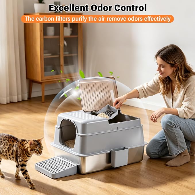 XXXL Stainless Steel Cat Litter Box with Lid,28"×20"×16"Metal Cat LitterBox | High-Sided Jumbo Enclosed Litter Box for Big Cats & Multiple Cats,Ragdoll,Maine Coon,Bengal,Odor-Free/Anti-Leakage/Easy Clean