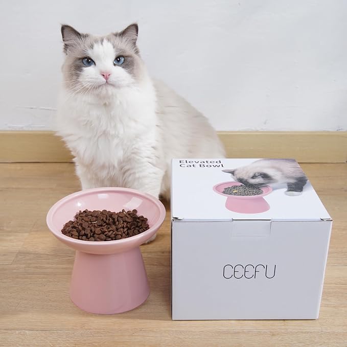 CEEFU 2-Pack Extra Wide Elevated Ceramic 6.2" Shallow Cat Food Bowls | Cat Dish for Whisker Fatigue Relief, 5" Height for Easy Feeding, Durable Raised, Pink