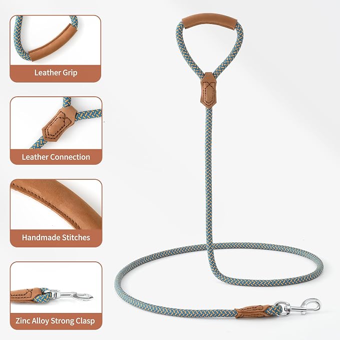 Mile High Life Dog Leash with Genuine Leather Handle, 6 FT/5 FT/4 FT | Leather Grip Rope Leash, Heavy Duty 360° Swivel Metal Clasp, for Small Medium & Large Dogs