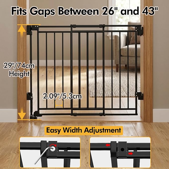29" Tall Baby & Dog Gate,26-43" W Hardware Mount Gate,Black | Auto-Close design,Two-Way Swing, No Bottom Bar,Must Drill to Install