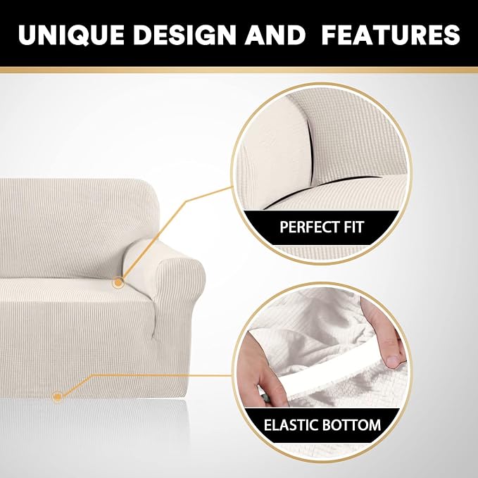 Oversized Stretch Sofa Cover Slipcover 1-Piece, Spandex Jacquard Fabric Universal Couch Cover for 3 Cushion, Washable Non Slip Sofa Cover, Pet Friendly (XL Sofa 101"-110", Ivory)