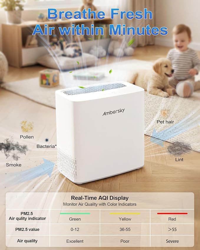 Ambersky Air Purifier for Home, True HEPA Filter Cover Up to 2000sq.ft | Real-Time Air Quality Sensor, Auto Mode & 23dB Sleep Mode, Pet Hair Dander Odor Smoke Dust Filter for Large Room