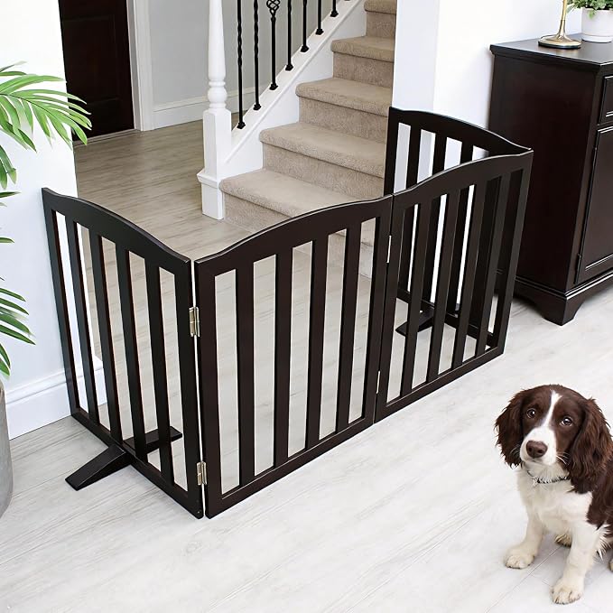 ZJSF Foldable Freestanding Indoor Dog Gate for House Wood Long Pet Gates Dog Fence for Stairs Puppy Gates for Hallways, Puppy Gate,Support Feet Included, Black, 32 "Height-2 Panels