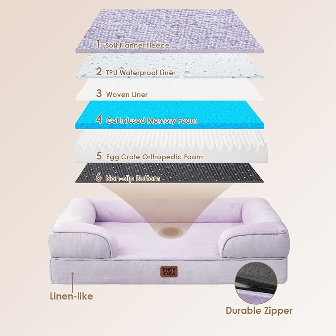 EHEYCIGA Orthopedic XXL Dog Bed, Waterproof Washable XL Big Pet Bed 48" | Non-Slip Bottom and Egg-Crate Memory Foam Extra Large Pet Couch Bed with Washable Removable Cover, Lilac