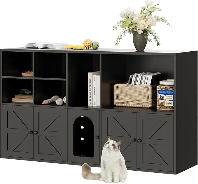 IRONCK Cat Litter Box Enclosure for 2 Cats, Hidden Litter Box Furniture | Double Litter Box Enclosure Cabinet with Double Room and Large Storage Space, Wooden Washroom Furniture, Cat House, Black