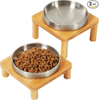 DoogCat Raised Cat Bowl, Elevated Cat Bowls with Bamboo Stand, Set of 2 | Premium Stainless Steel Bowls, Adjustable Height, Whisker-Friendly Design, Elevated Feeding, Easy to Clean
