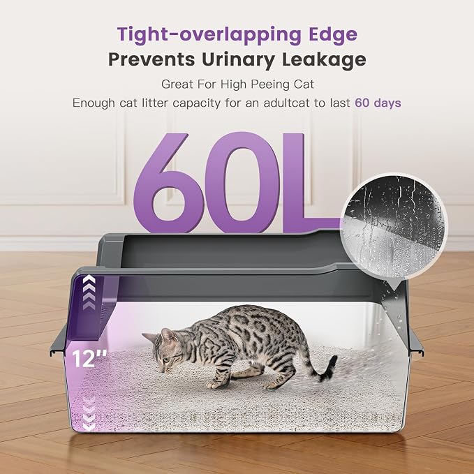Stainless Steel Cat Litter Box with Lid, 26 x 18 x 12 in | XXXL Enclosed Cat Litter Boxes with Lid for Big Cats,High Sided, Anti-Urine Leakage Bottom Includes Litter Mat & Scoop
