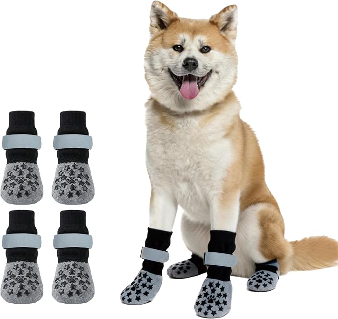 Reflective Dog Socks Grippy Socks Prevent Licking Paws，Anti Slip Paw Protection, for Hardwood Floors & Hot & Cold Pavement, Small Medium Large & Senior Dogs (Classic Grey, Giant)