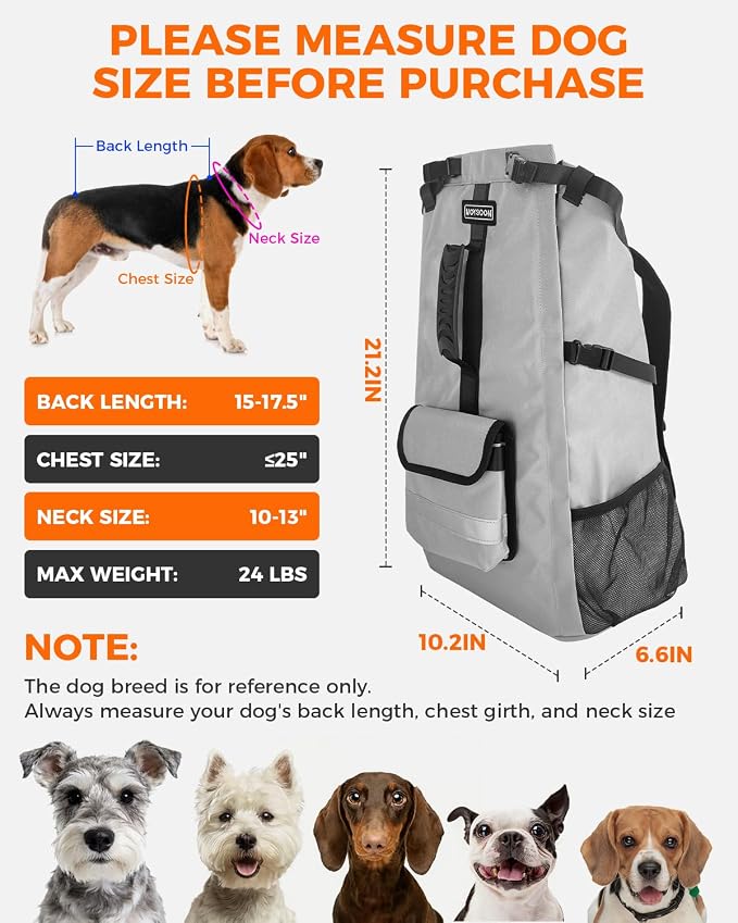 Waterproof Dog Backpack Carrier for Small Dogs Under 24 lb, Grey | 4-Layer Protection, Adjustable Dog Hiking Backpack with Storage Pockets, Reflective Strips, Non-Slip Handle for Travel