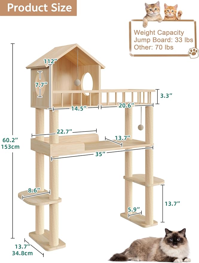 Wood Cat Tower for Automatic Litter Box, 4 Tier Cat Tree, 60 Inch | Multi-Level Solid Wood Cat Tree for Indoor Large Cats, Tall Cats Scratching Post Furniture w/Cats House, Burlywood
