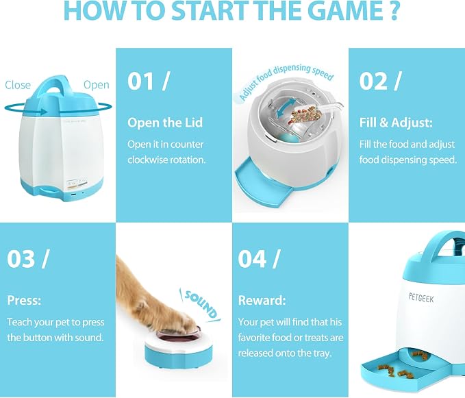 PETGEEK Automatic Dog Treat Dispenser, Puzzle Memory Training Activity Toy- IQ Training Dog Button Feeder, Remote Button Treat Dispenser for Dogs (Upgrade Blue)