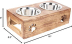 Wooden Dog Cat Pet Feeder Station Stand with 2 Stainless Steel Bowls | Raised Cat Bowl Dogs Bowl Elevated Cat Dog | Pet Dining Table for Cats and Puppy | 16 x 8.5 x 5 Inches