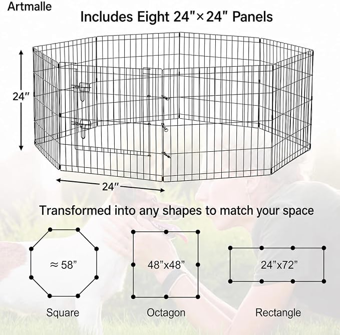 Puppy Pet Playpen 8 Panel 24 Inch Indoor Outdoor Metal Portable Folding Animal Exercise Dog Fence Ideal for Pet Animals Dog Cat Rabbit Breed Puppy (24" x 24" x 8) | Rustproof 8-panel metal playpen with door folds flat, sets up tool-free, and forms mult...