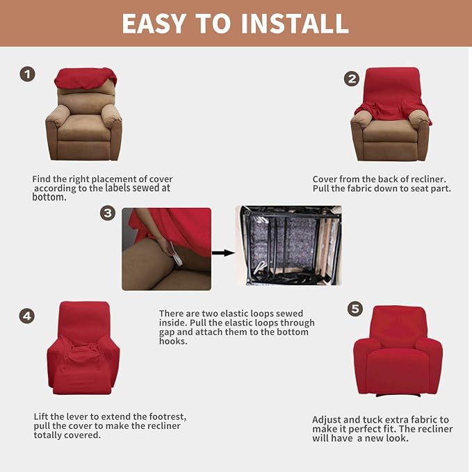 Easy-Going 100% Waterproof Recliner Chair Cover，1-Piece Recliner Slipcover | Dual Waterproof Couch Cover for Recliner，Leakproof Furniture Protector for Kids Pets Dog Cat Daily Stain, Christmas Red