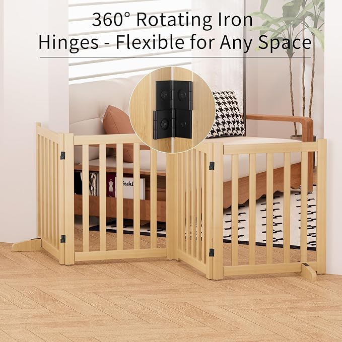 Wooden Freestanding Foldable Dog Gate, 24 Inch Height 4 Panel Pet Gate No Drill for Doorways Stairs, Fully Assembled Indoor Puppy Fence (Wood Color, 80" W x 24" H)
