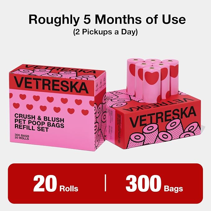 VETRESKA Dog Poop Bags, Smoked Cherry Scented, 300 Counts, Leak Proof | Extra Thick and Large Pet Waste Bags for Dog Walking and Cat Litter, 20 Rolls