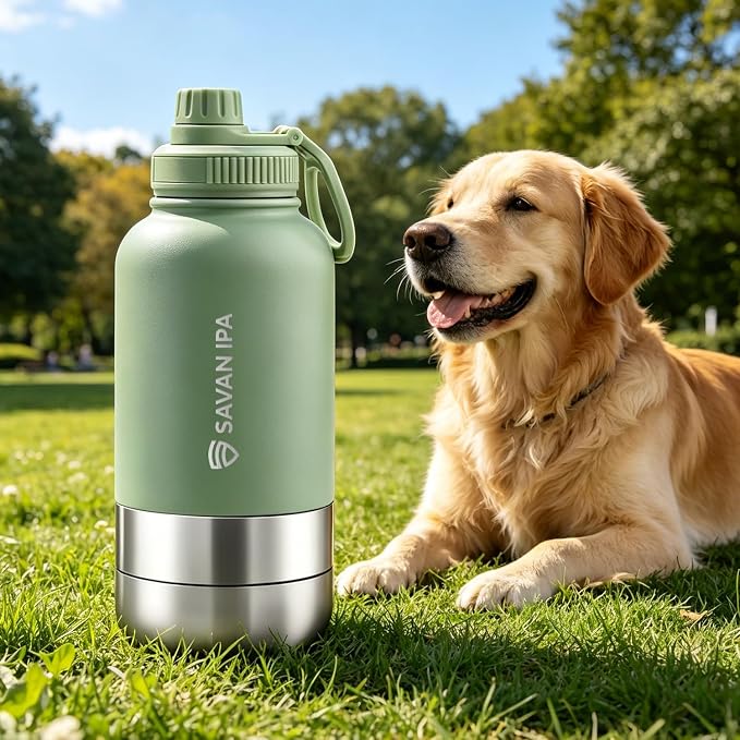 3 in 1 Insulated Stainless Steel Dog & Human Water Bottle | Leakproof Travel Dispenser with 2 Detachable 8.5 oz Bowl, 24H Cold/12H Hot, Carrying Case for Walking, Hiking,Camping & Outdoor Travel