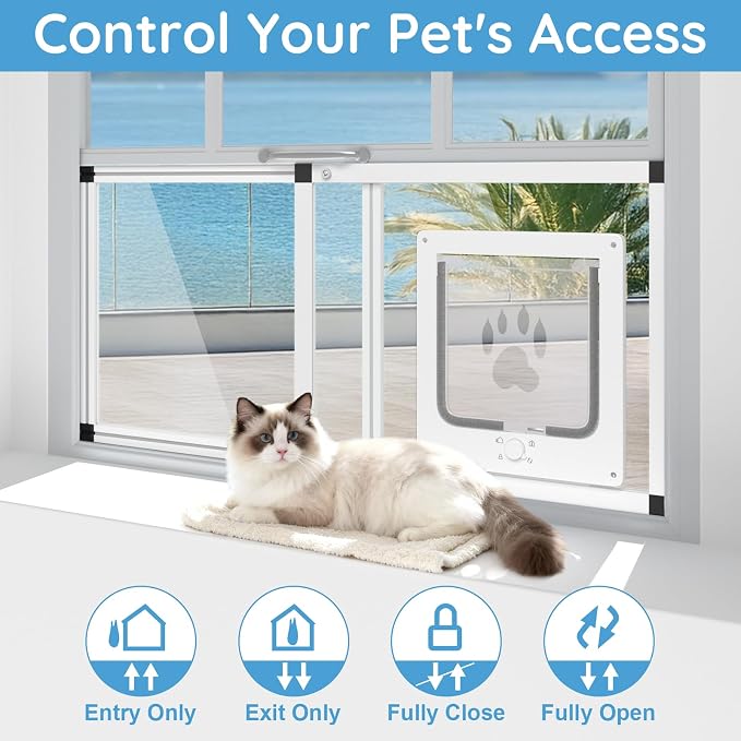Sliding Cat Door for Window, Fits 22"-28.5" Width Window, 1-Min Install | Aluminum Frame + HD Glass | Weatherproof Design | Magnetic Closure Window Cat Door Insert, Adjustable Pet Door Window for Cats