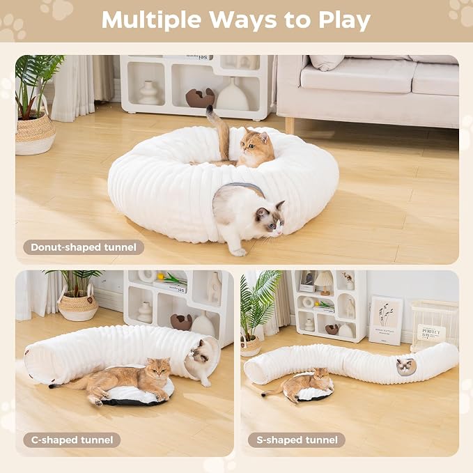 Avont Cat Tunnel Bed for Indoor Cats, Beige | Cat Donut Tunnel Toys | Folds Into a Cozy Bed | 3 Shapes: Donut, C, S | 9.8in Large Cats | 2 Peek Holes & 2 Toy Balls