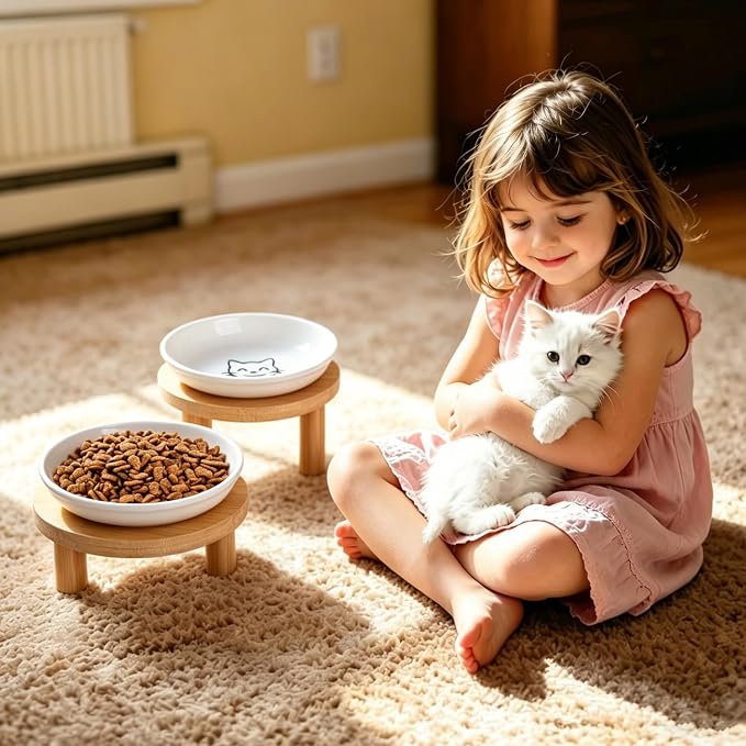 6 Inch Shallow Ceramic Elevated Cat Bowl, Whisker-Friendly Raised Flat Cat Food Plate Feeding Station with Bamboo Stand for Indoor Cats and Kittens (Set of 2, 1.8" & 3" Stand, White)