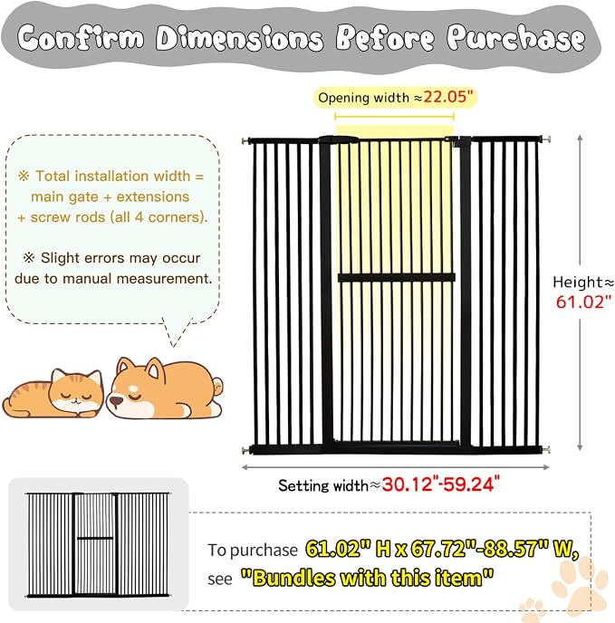 Lumizone 61.02" Extra Tall Pet Gate for Cat Dog 30.12"-59.24" Wide Black | Extra Tall Cat Gate for Doorway Hallway Stairs Pressure Mounted 1.37" Gap No Drilling Auto-Close Dual-Lock